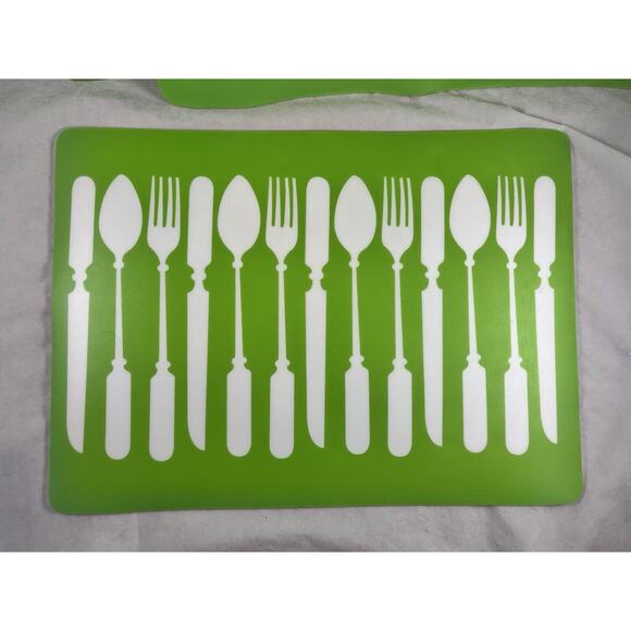 Graphic Cutlery Flatware Print Placemats 18 x 13 Lime Green 1960s 1970s Set of 4 - Picture 2 of 12